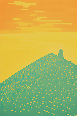 JPG 기독교 십자가 일러스트 하늘 산 풍경 사람없음 노란색 교회 언덕 민트색 미니멀 국내일러스트 AI일러스트 AI콘텐츠 종교 컬러 종교건축 건물 파일형식