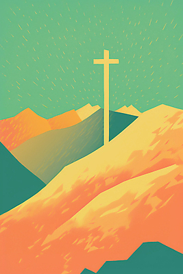 JPG 기독교 십자가 일러스트 하늘 산 풍경 사람없음 노란색 언덕 민트색 미니멀 국내일러스트 AI일러스트 AI콘텐츠 종교 컬러 파일형식