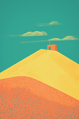 JPG 구름 기독교 십자가 일러스트 하늘 산 풍경 사람없음 노란색 교회 언덕 민트색 미니멀 국내일러스트 AI일러스트 AI콘텐츠 자연요소 종교 컬러 종교건축 건물 파일형식