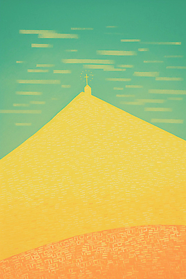 JPG 기독교 십자가 일러스트 하늘 산 풍경 사람없음 노란색 교회 언덕 민트색 미니멀 국내일러스트 AI일러스트 AI콘텐츠 종교 컬러 종교건축 건물 파일형식