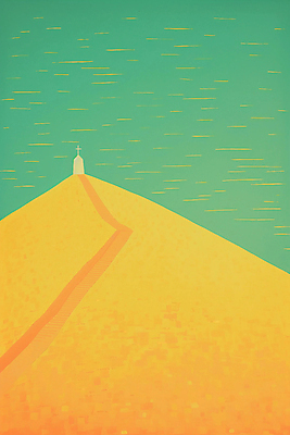 JPG 기독교 길 십자가 일러스트 하늘 산 풍경 사람없음 노란색 교회 계단 언덕 민트색 미니멀 국내일러스트 AI일러스트 AI콘텐츠 종교 컬러 종교건축 건물 파일형식