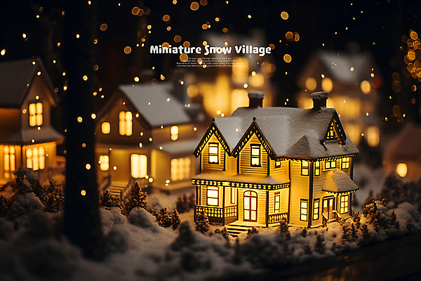 PSD 편집이미지 백그라운드 겨울 사람없음 빛 장난감 마을 미니어처 눈 분위기 보케 건축모형 눈덮임 이미지편집 자연요소 계절 컨셉 날씨 모형 파일형식