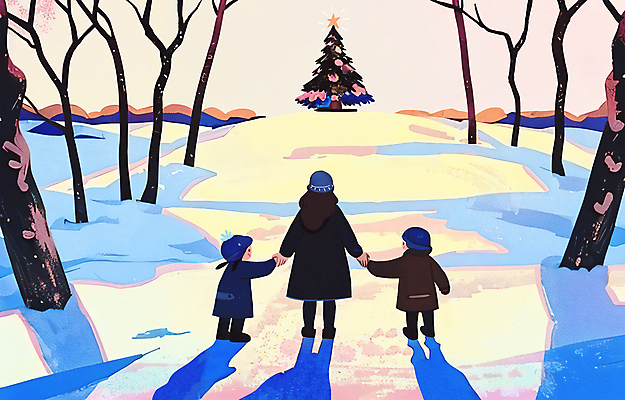 자연요소 식물 계절 여자 기념일 남자 어린이 컨셉 크리스마스 겨울 가족 관계 모션 날씨 눈_날씨 사람 풍경 파일형식 서기 그림자 성인 소녀 소년 엄마 겨울풍경 전신 세명 나무 설원 눈 숲 손잡기 크리스마스트리 PSD 일러스트 추위 눈덮임 국내일러스트