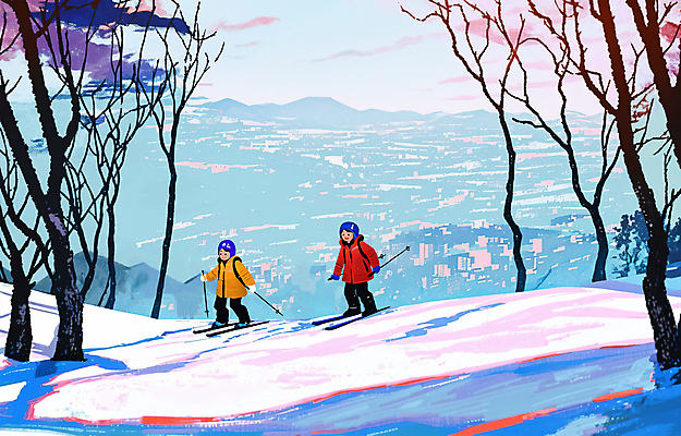 전신 PSD 나무 여자 남자 어린이 겨울 일러스트 놀이 스키 소녀 소년 두명 설원 추위 눈 도시 숲 스키복 어린이만 스키타기 겨울풍경 눈덮임 국내일러스트 자연요소 식물 옷 계절 컨셉 날씨 겨울스포츠 눈_날씨 사람 풍경 파일형식