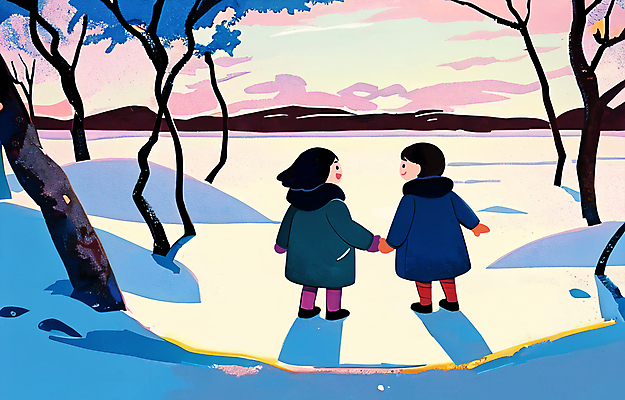 전신 PSD 나무 여자 남자 어린이 겨울 일러스트 놀이 서기 소녀 소년 두명 친구 마주보기 일출 설원 손잡기 추위 눈 어린이만 겨울풍경 눈덮임 국내일러스트 자연요소 식물 계절 컨셉 관계 모션 날씨 눈_날씨 사람 풍경 노을 파일형식