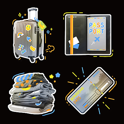 PSD 옷 선 여행 스티커 일러스트 사람없음 반짝임 세트 컬러풀 쌓기 캐리어 회색 화려 티켓 낙서 항공권 여권 네온 엘리먼트 여권케이스 키치 국내일러스트 컬러 컨셉 모션 여행가방 파일형식