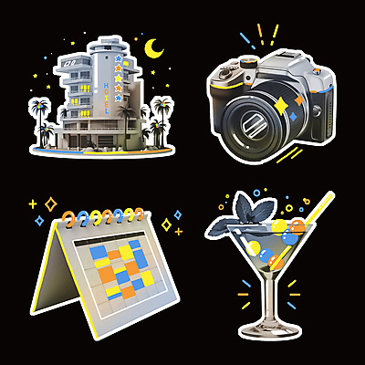 PSD 선 여행 스티커 일러스트 호텔 사람없음 반짝임 세트 컬러풀 카메라 회색 달력 칵테일 화려 낙서 네온 엘리먼트 탁상달력 키치 국내일러스트 컬러 컨셉 모션 숙소 주류 전자제품 파일형식