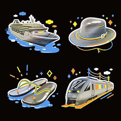 PSD 선 여행 스티커 일러스트 사람없음 반짝임 세트 컬러풀 회색 기차 화려 낙서 샌들 쪼리 크루즈 밀짚모자 네온 엘리먼트 키치 국내일러스트 모자_잡화 육상교통 컬러 신발 컨셉 배_교통 모션 대중교통 파일형식