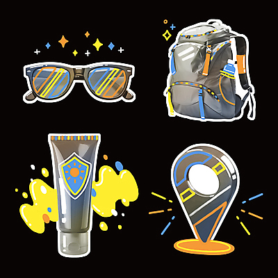 PSD 선 여행 스티커 가방 일러스트 사람없음 반짝임 세트 컬러풀 선글라스 회색 화려 낙서 선크림 물병 네온 위치 엘리먼트 키치 국내일러스트 잡화 안경 컬러 컨셉 모션 화장품 물통 파일형식