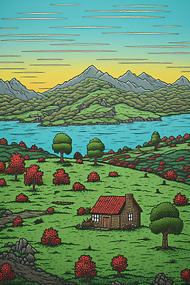 JPG 나무 일러스트 산 주택 풍경 초원 사람없음 강 오두막 국내일러스트 AI일러스트 AI콘텐츠 식물 건물 파일형식