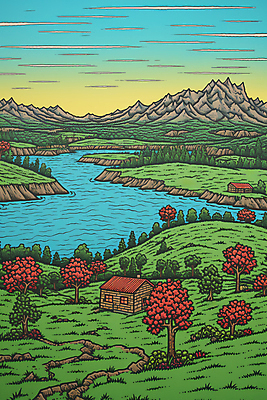 JPG 나무 일러스트 산 주택 풍경 초원 사람없음 강 오두막 국내일러스트 AI일러스트 AI콘텐츠 식물 건물 파일형식