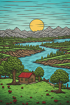 JPG 나무 일러스트 산 주택 풍경 초원 사람없음 강 태양 오두막 국내일러스트 AI일러스트 AI콘텐츠 자연요소 식물 건물 파일형식