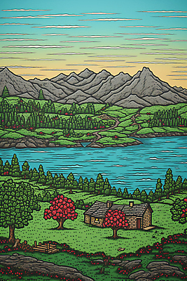 JPG 나무 일러스트 산 주택 풍경 초원 사람없음 강 오두막 국내일러스트 AI일러스트 AI콘텐츠 식물 건물 파일형식