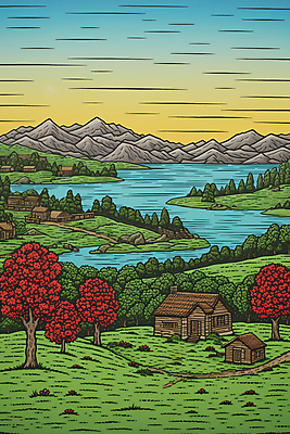 JPG 나무 일러스트 산 주택 풍경 초원 사람없음 강 오두막 국내일러스트 AI일러스트 AI콘텐츠 식물 건물 파일형식