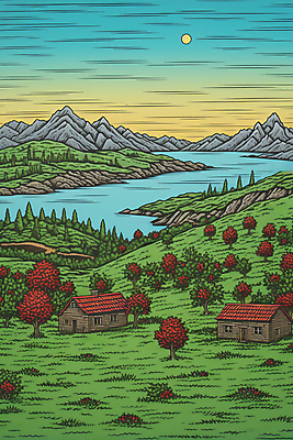 JPG 나무 일러스트 산 주택 풍경 초원 사람없음 강 태양 오두막 국내일러스트 AI일러스트 AI콘텐츠 자연요소 식물 건물 파일형식