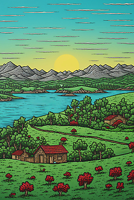 JPG 나무 일러스트 산 주택 풍경 초원 사람없음 강 오두막 국내일러스트 AI일러스트 AI콘텐츠 식물 건물 파일형식