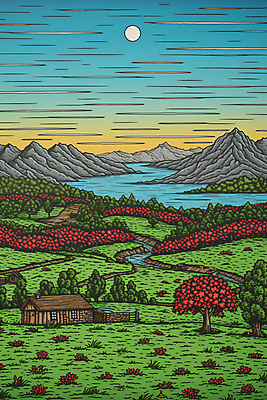 JPG 나무 일러스트 산 주택 풍경 초원 사람없음 강 태양 오두막 국내일러스트 AI일러스트 AI콘텐츠 자연요소 식물 건물 파일형식