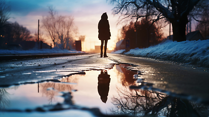 JPG 전신 편집이미지 여자 길 겨울 바닥 한명 서기 성인 반사 일몰 추위 눈 웅덩이 빙판 빙판길 성인여자한명만 편집실사 AI인물포토 AI콘텐츠 자연요소 1 계절 모션 날씨 사람 노을 CG 여자한명만 성인여자만 파일형식 AI포토