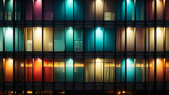 JPG 편집이미지 창문 유리 외벽 빌딩 사람없음 빛 컬러풀 디지털합성 편집소스 편집실사 AI포토 AI콘텐츠 벽 컬러 재질 건물 CG 파일형식