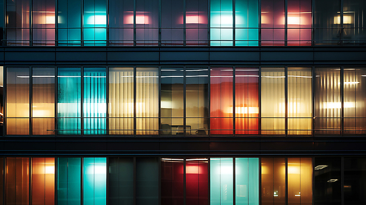 JPG 편집이미지 창문 유리 외벽 빌딩 사람없음 빛 컬러풀 디지털합성 편집소스 편집실사 AI포토 AI콘텐츠 벽 컬러 재질 건물 CG 파일형식
