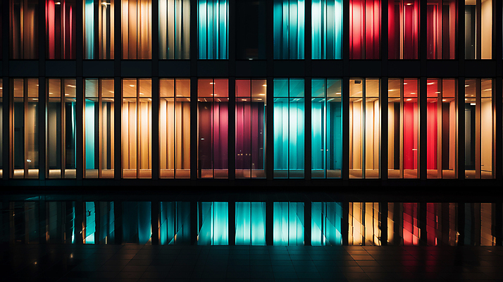 JPG 편집이미지 창문 유리 외벽 빌딩 사람없음 빛 컬러풀 디지털합성 편집소스 편집실사 AI포토 AI콘텐츠 벽 컬러 재질 건물 CG 파일형식