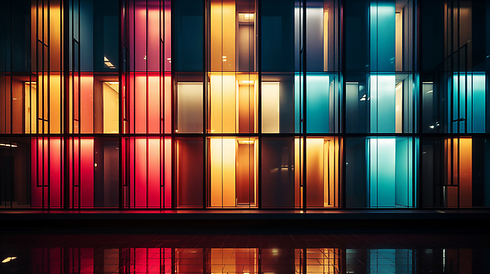 JPG 편집이미지 창문 유리 외벽 빌딩 사람없음 빛 컬러풀 디지털합성 편집소스 편집실사 AI포토 AI콘텐츠 벽 컬러 재질 건물 CG 파일형식