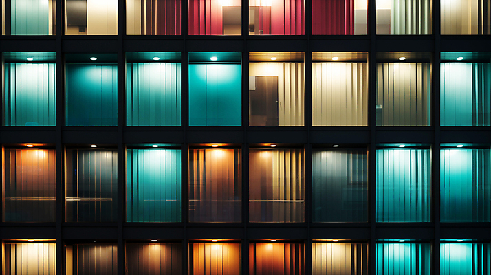 JPG 편집이미지 창문 유리 외벽 빌딩 사람없음 빛 컬러풀 디지털합성 편집소스 편집실사 AI포토 AI콘텐츠 벽 컬러 재질 건물 CG 파일형식