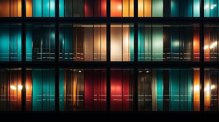 JPG 편집이미지 창문 유리 외벽 빌딩 사람없음 빛 컬러풀 디지털합성 편집소스 편집실사 AI포토 AI콘텐츠 벽 컬러 재질 건물 CG 파일형식