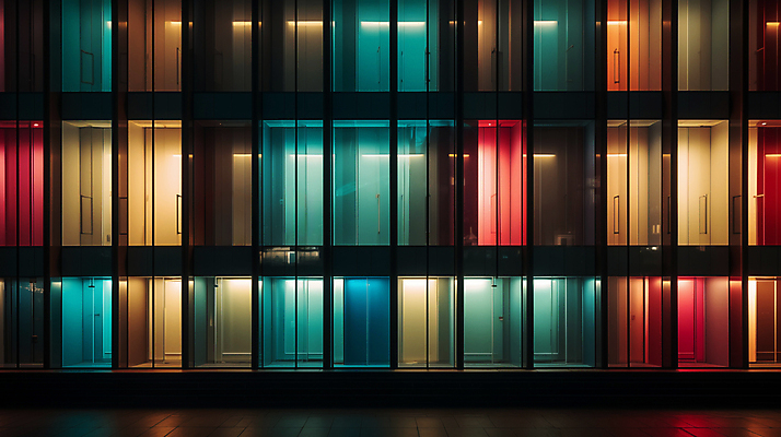 JPG 편집이미지 창문 유리 외벽 빌딩 사람없음 빛 컬러풀 디지털합성 편집소스 편집실사 AI포토 AI콘텐츠 벽 컬러 재질 건물 CG 파일형식