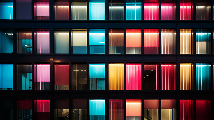 JPG 편집이미지 창문 유리 외벽 빌딩 사람없음 빛 컬러풀 디지털합성 편집소스 편집실사 AI포토 AI콘텐츠 벽 컬러 재질 건물 CG 파일형식