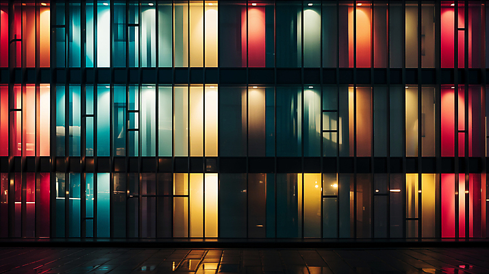 JPG 편집이미지 창문 유리 외벽 빌딩 사람없음 빛 컬러풀 디지털합성 편집소스 편집실사 AI포토 AI콘텐츠 벽 컬러 재질 건물 CG 파일형식