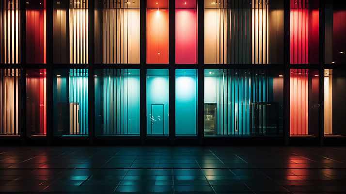 JPG 편집이미지 창문 유리 외벽 빌딩 사람없음 빛 컬러풀 디지털합성 편집소스 편집실사 AI포토 AI콘텐츠 벽 컬러 재질 건물 CG 파일형식