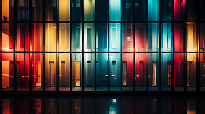 JPG 편집이미지 창문 유리 외벽 빌딩 사람없음 빛 컬러풀 디지털합성 편집소스 편집실사 AI포토 AI콘텐츠 벽 컬러 재질 건물 CG 파일형식