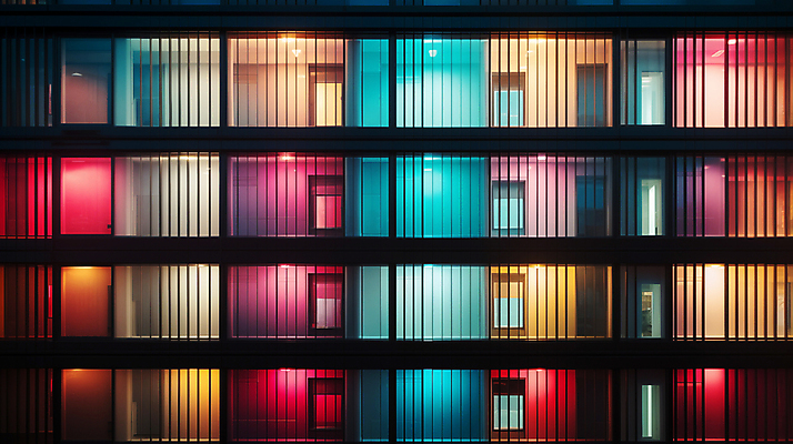 JPG 편집이미지 창문 유리 외벽 빌딩 사람없음 빛 컬러풀 디지털합성 편집소스 편집실사 AI포토 AI콘텐츠 벽 컬러 재질 건물 CG 파일형식