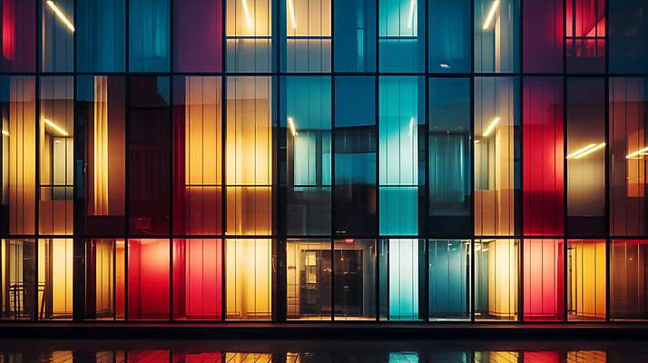 JPG 편집이미지 창문 유리 외벽 빌딩 사람없음 빛 컬러풀 디지털합성 편집소스 편집실사 AI포토 AI콘텐츠 벽 컬러 재질 건물 CG 파일형식