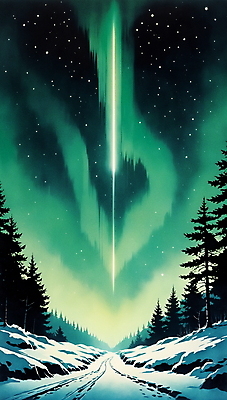 JPG 백그라운드 겨울 일러스트 자연 밤하늘 하늘 풍경 사람없음 초록색 빛 분위기 눈길 오로라 겨울풍경 눈덮임 국내일러스트 AI일러스트 AI콘텐츠 계절 길 컬러 컨셉 자연현상 눈_날씨 야간 생태계 파일형식