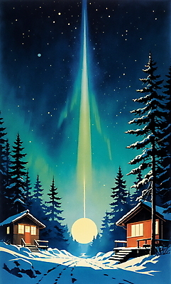 JPG 백그라운드 겨울 일러스트 자연 밤하늘 하늘 주택 풍경 사람없음 빛 달 분위기 오두막 청록색 오로라 겨울풍경 눈덮임 국내일러스트 AI일러스트 AI콘텐츠 자연요소 계절 컬러 컨셉 자연현상 건물 야간 생태계 파일형식