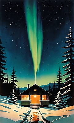JPG 백그라운드 겨울 일러스트 자연 밤하늘 하늘 산 주택 풍경 사람없음 빛 분위기 오두막 청록색 오로라 겨울풍경 눈덮임 국내일러스트 AI일러스트 AI콘텐츠 계절 컬러 컨셉 자연현상 건물 야간 생태계 파일형식