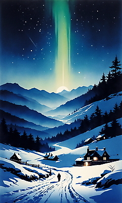 JPG 백그라운드 겨울 일러스트 자연 밤하늘 하늘 산 주택 풍경 사람없음 파란색 빛 분위기 오로라 겨울풍경 눈덮임 국내일러스트 AI일러스트 AI콘텐츠 계절 컬러 컨셉 자연현상 건물 야간 생태계 파일형식