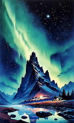 JPG 백그라운드 겨울 일러스트 자연 밤하늘 하늘 산 주택 풍경 사람없음 파란색 빛 강 분위기 오로라 겨울풍경 국내일러스트 AI일러스트 AI콘텐츠 계절 컬러 컨셉 자연현상 건물 야간 생태계 파일형식