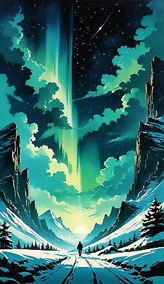 JPG 백그라운드 겨울 일러스트 자연 밤하늘 하늘 산 한명 사람 풍경 초록색 빛 걷기 분위기 눈길 오로라 겨울풍경 국내일러스트 AI일러스트 AI콘텐츠 1 계절 길 컬러 컨셉 모션 자연현상 눈_날씨 야간 생태계 파일형식