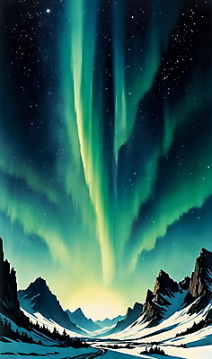 JPG 백그라운드 겨울 일러스트 자연 밤하늘 하늘 산 풍경 사람없음 빛 분위기 청록색 오로라 겨울풍경 눈덮임 국내일러스트 AI일러스트 AI콘텐츠 계절 컬러 컨셉 자연현상 야간 생태계 파일형식