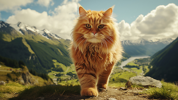 JPG 편집이미지 산 사람없음 귀여움 고양이 큼 디지털합성 편집소스 편집실사 AI포토 AI콘텐츠 컨셉 포유류 반려동물 크기 CG 파일형식