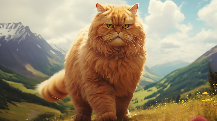 JPG 편집이미지 산 사람없음 귀여움 고양이 큼 디지털합성 편집소스 편집실사 AI포토 AI콘텐츠 컨셉 포유류 반려동물 크기 CG 파일형식