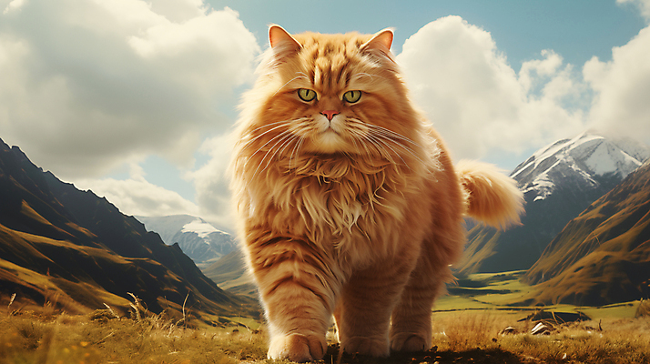 JPG 편집이미지 산 사람없음 귀여움 고양이 큼 디지털합성 편집소스 편집실사 AI포토 AI콘텐츠 컨셉 포유류 반려동물 크기 CG 파일형식