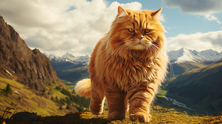 JPG 편집이미지 산 사람없음 귀여움 고양이 큼 디지털합성 편집소스 편집실사 AI포토 AI콘텐츠 컨셉 포유류 반려동물 크기 CG 파일형식