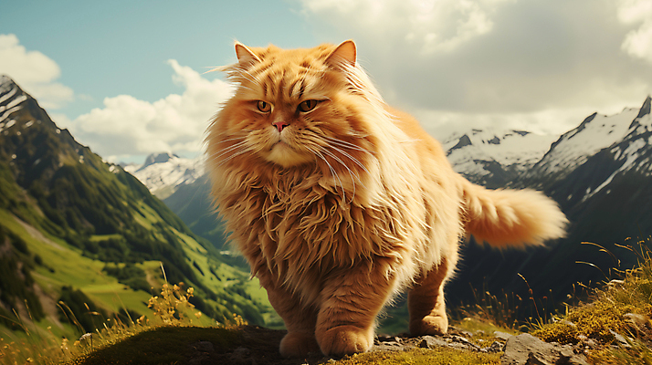 JPG 편집이미지 산 사람없음 귀여움 고양이 큼 디지털합성 편집소스 편집실사 AI포토 AI콘텐츠 컨셉 포유류 반려동물 크기 CG 파일형식