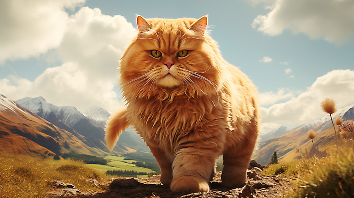 JPG 편집이미지 산 사람없음 귀여움 고양이 큼 디지털합성 편집소스 편집실사 AI포토 AI콘텐츠 컨셉 포유류 반려동물 크기 CG 파일형식