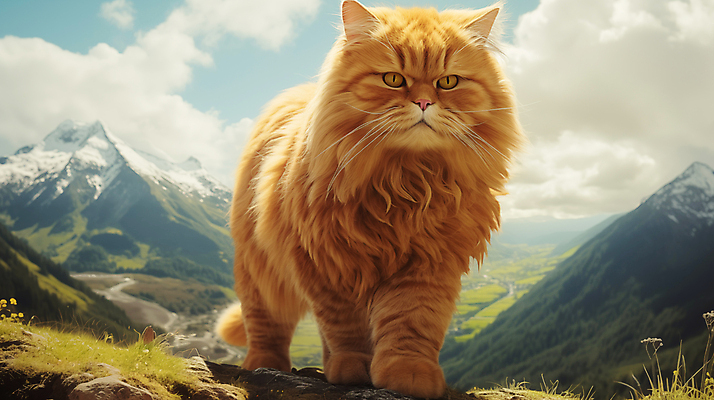 JPG 편집이미지 산 사람없음 귀여움 고양이 큼 디지털합성 편집소스 편집실사 AI포토 AI콘텐츠 컨셉 포유류 반려동물 크기 CG 파일형식