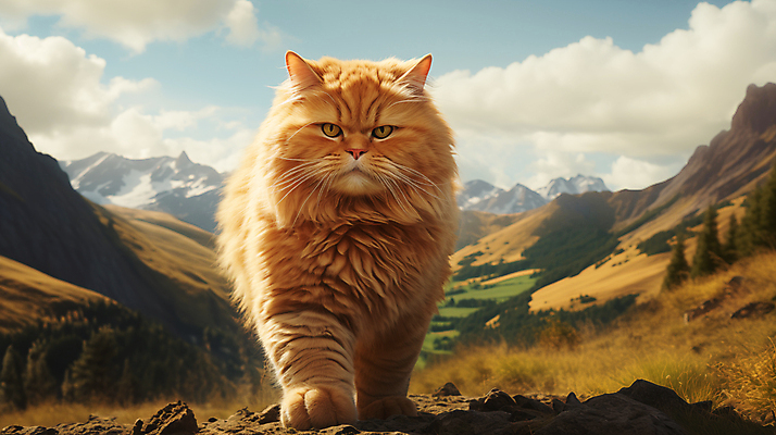 JPG 편집이미지 산 사람없음 귀여움 고양이 큼 디지털합성 편집소스 편집실사 AI포토 AI콘텐츠 컨셉 포유류 반려동물 크기 CG 파일형식